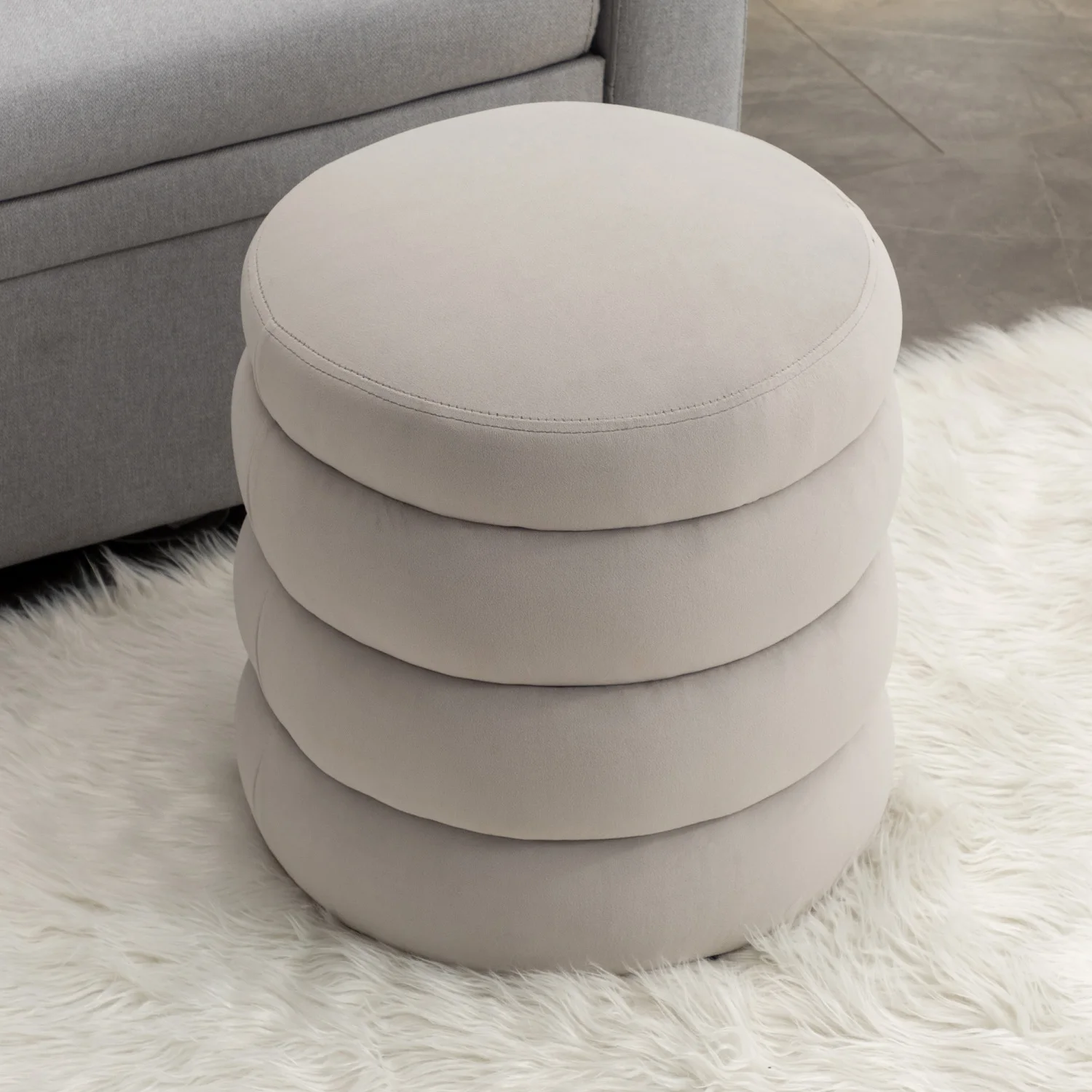 

006-Soft Velvet Round Ottoman Footrest Stool,Light Gray