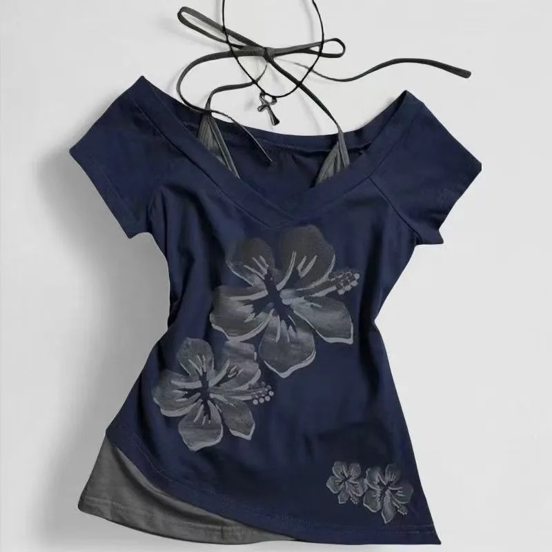 

Women's Subculture T-shirt American Hottie Retro Print Fake Two T Shirts Popular Punk Y2k Tees Female Harajuku Slim Cloths Tops