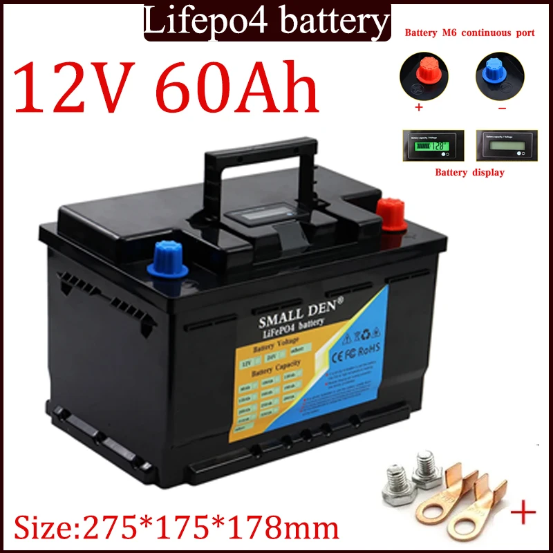 Batteria 12V 60Ah LiFePO4 per batteria per auto 12.8V, avvio automatico di accendini, portatile, ad alta potenza, solare RV