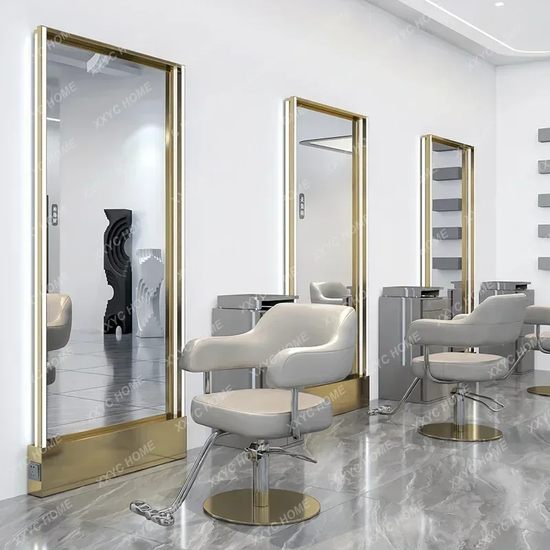 

A Hair salon double-sided floor-to-ceiling mirror stainless steel mirror table fashion barber shop special