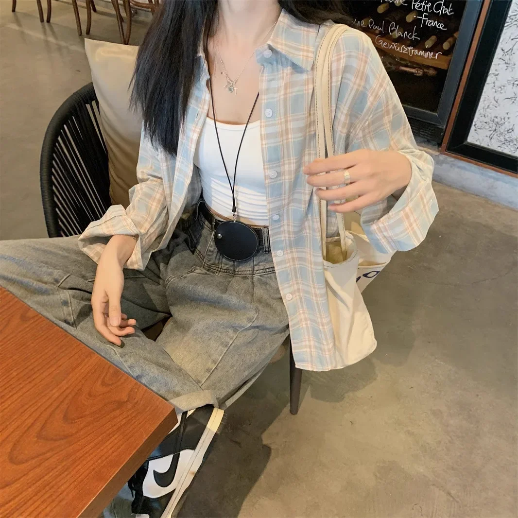 

NICE Green Plaid Pure Cotton Long Sleeve Women's Casual Shirt Spring Summer Lazy Style Cover Up Sun Protection Polo Collar Korea