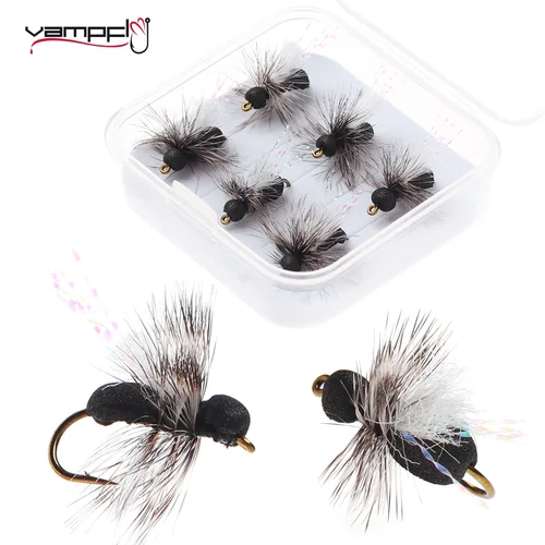 Imagen 1 del producto Vampfly 6 piezas # 10 hormiga de espuma negra mosca seca Grizzly Hackle Para poste ala cebos de insectos artificiales trucha perca Grayling Señuelos de pesca