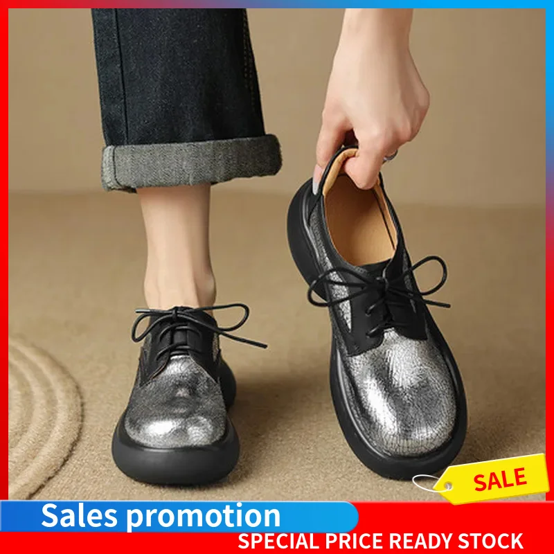 Women Crackled Leather Platform Oxford Shoes Round Toe Lace Up 5.5CM Light Foam Rubber Sole Pigskin Lining Fashion Thick Sole159