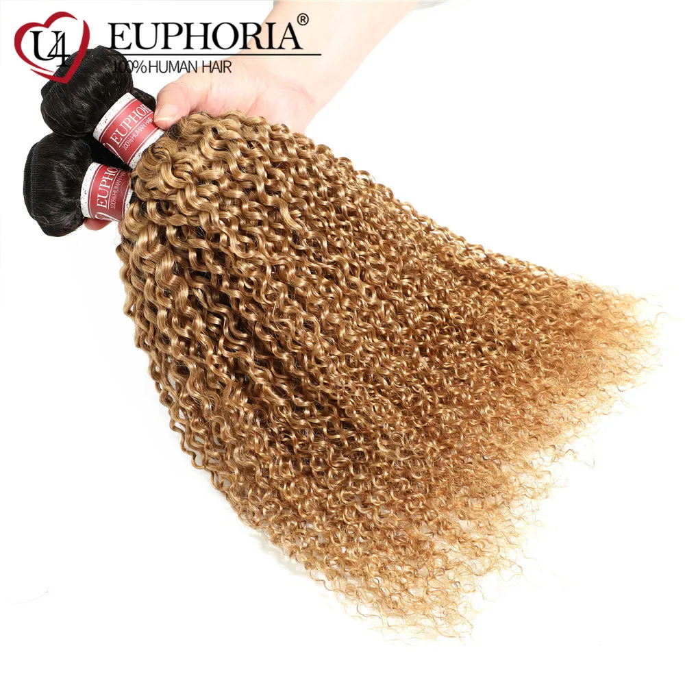 Ombre Blonde 27 Customized Kinky Curly Hair Bundles Brazilian Human Hair 1/3 Pcs 1B Brown Remy Curly Hair Weaving Bundles EUPHOR