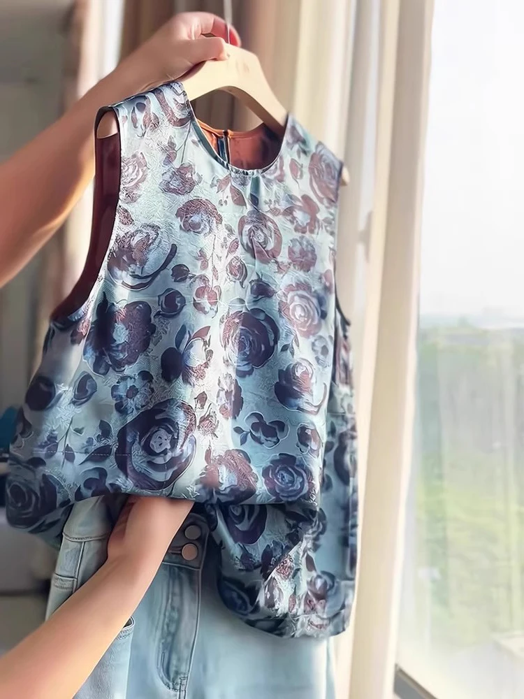 

New Chinese Sle Blue Rose Print round Ne Svel irt Women's Lightweight Loose Slimming Thin Vest Commute Faion