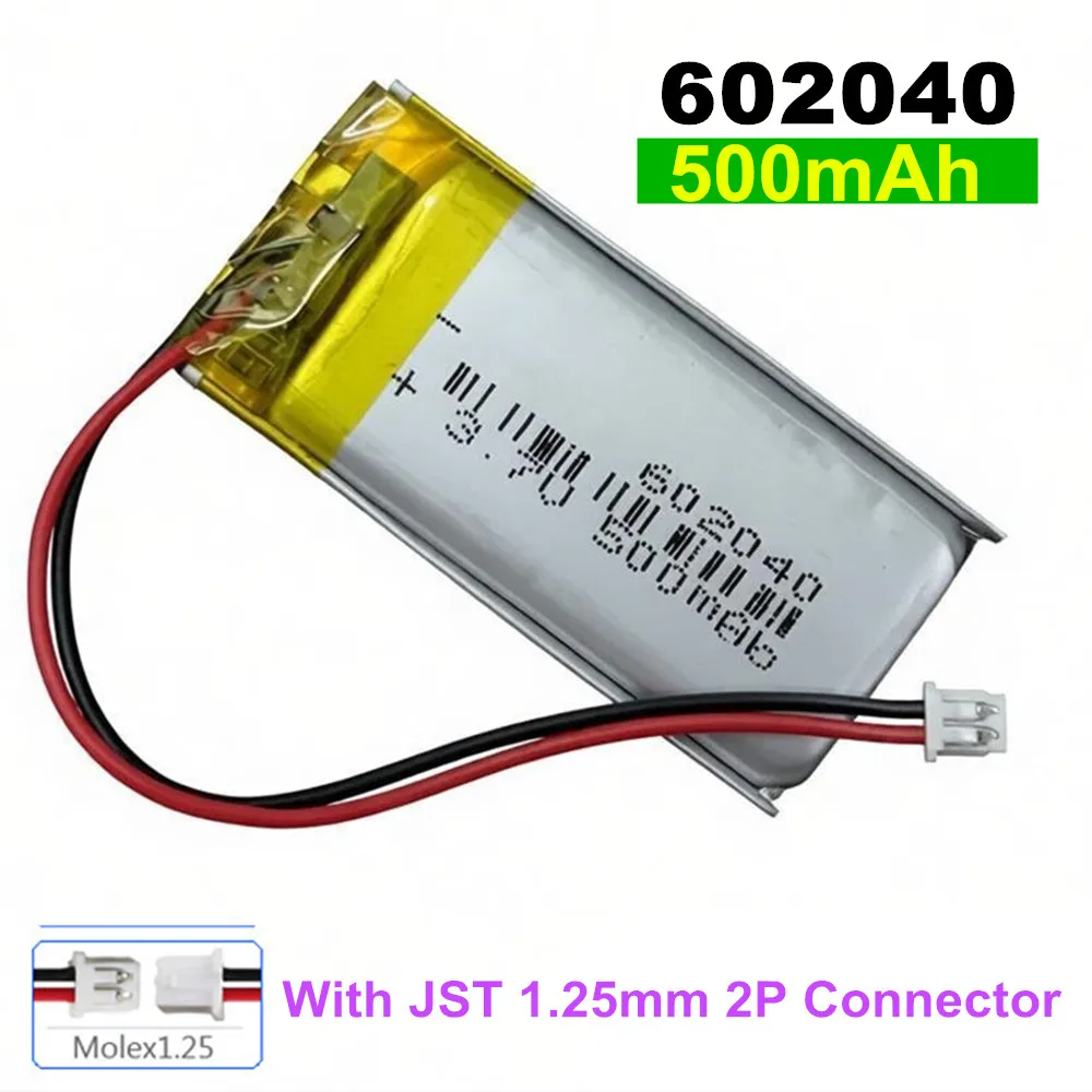 1-10PCS 602040 3.7V 500mAh Polymer Lithium Rechargeable Battery JST 1.25mm 2P for Dash Cam Camera LED Lights Bluetooth Headset