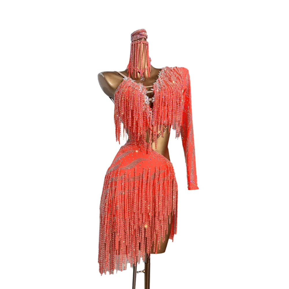 الرقص اللاتيني المرأة الراقية مخصص الماس شريط شرابة كبيرة عارية الذراعين تشا سامبا أداء حجر الراين اللباس