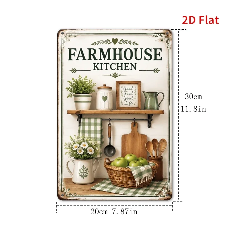 2D Flat - [2Dflat], 1pc 11.81X7.87inch Farmhouse Kitchen Good Food Good Life Tin Sign, Green Gingham Apple Utensil Herb Jar Dais