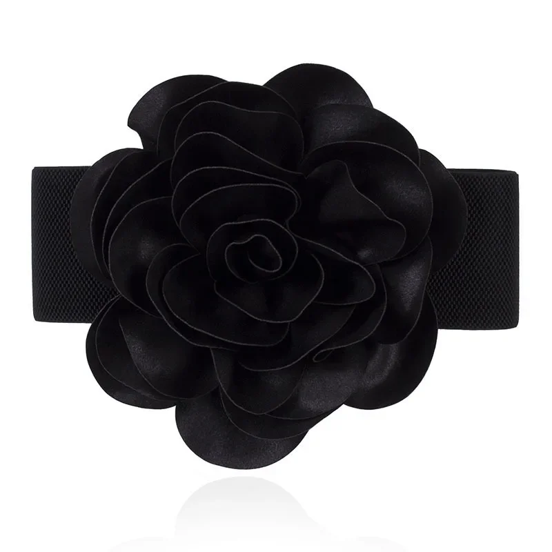 Wide Waist Belt with Big Flower Elastic Fashion Women Waistband Sashes White Black Red Rose All Match for Dresses Tops Blouses