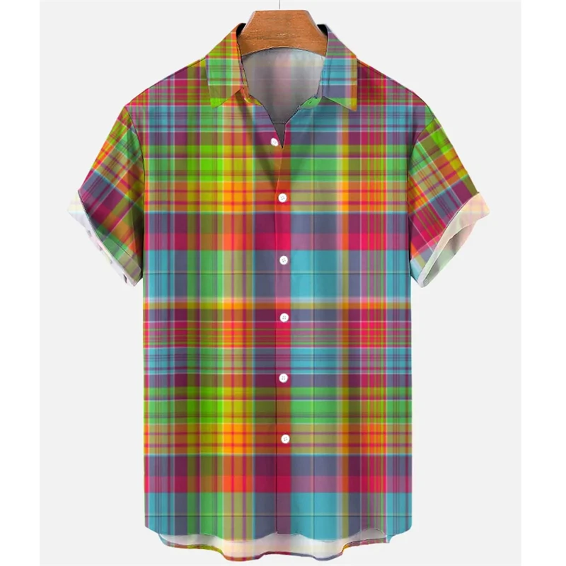 

Cool Hawaiian Rainbow Colorful Plaid Shirt For Man Oversized 3d Fashion Causal Short Sleeve Simple Button Beach Clothing Summer