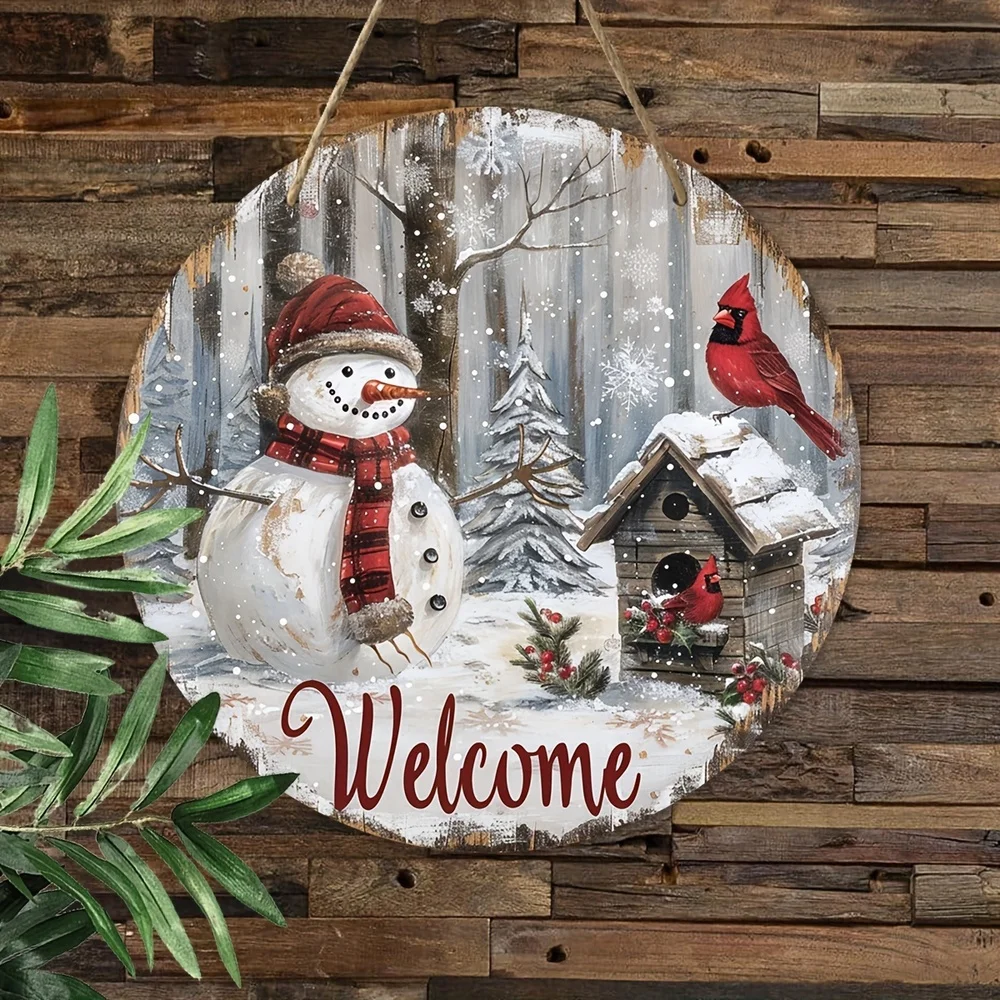 1pc，Charming Wooden Wreath Sign with Christmas Snowman & Cardinal - 20cm x 20cm Welcome Plaque for Home, Kitchen, Garden, Yard