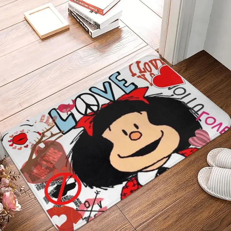 Love And Mafalda Surrounded By Hearts Front Door Mat Anti-Slip Quino Manga Cartoon Doormat Kitchen Balcony Entrance Rug Carpet