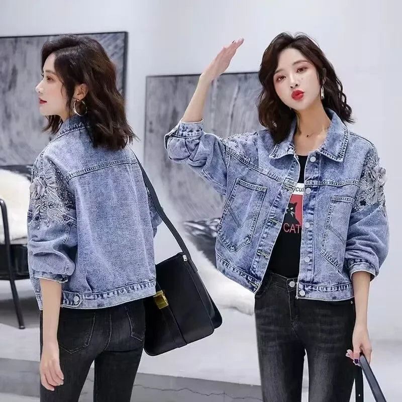 

Women's Trendy Wild Thin Ins Harajuku Tops Femme Jeans Coat Autumn Girl 101 2025 Spring New Loose Heavy Embroidered Denim Jacket
