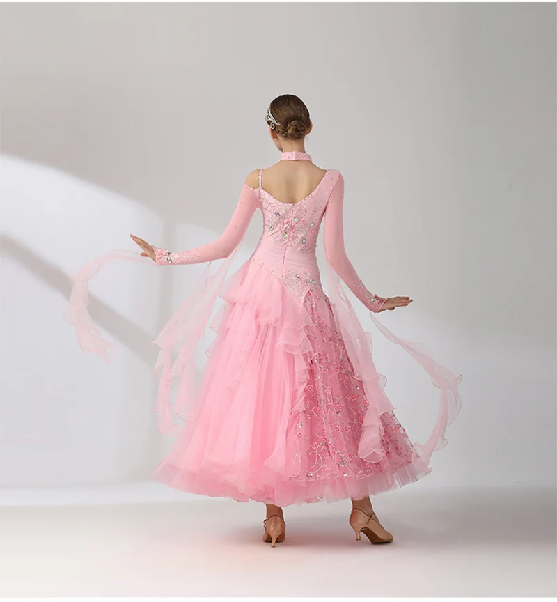 Lady's High Quality Standard Ballroom Dance Dresses Pink Elegant Ballroom Competition Dance Dress Women Waltz Dancing Skirt