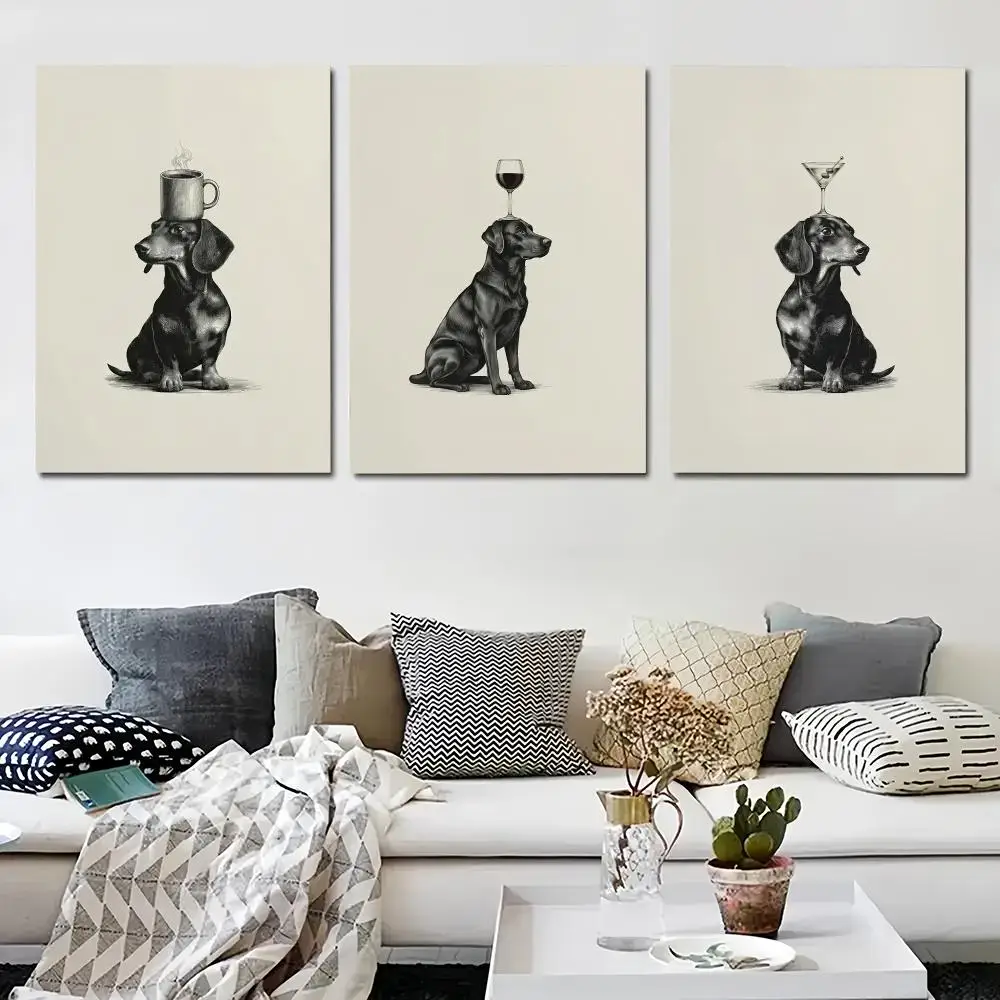 Dachshund Cocktail Canvas Poster Whimsical Dog Fine Line Art Retro Bar Kitchen Home Decor Gift Painting Calligraphy