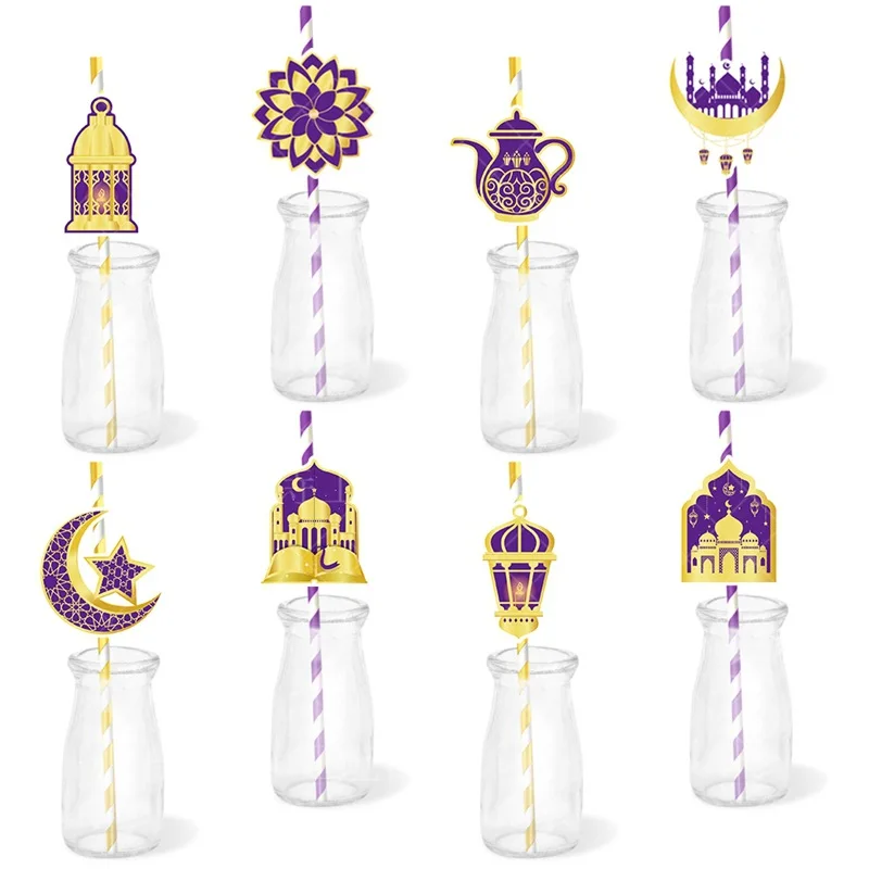 8pcs/lot Gold Black Eid Mubarak Iridescent Drinking Paper Straws Cake Topper Ramadan Kareen Mosque Moon Party Decoration DIY New