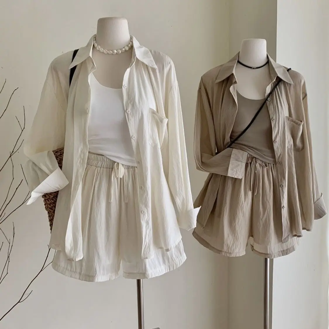 Women's Korean Casual Loose Thin Suncreen Shirts Sling Short Pants Three Piece Set Lady Daily Simple Solid Top Trousers Outfits