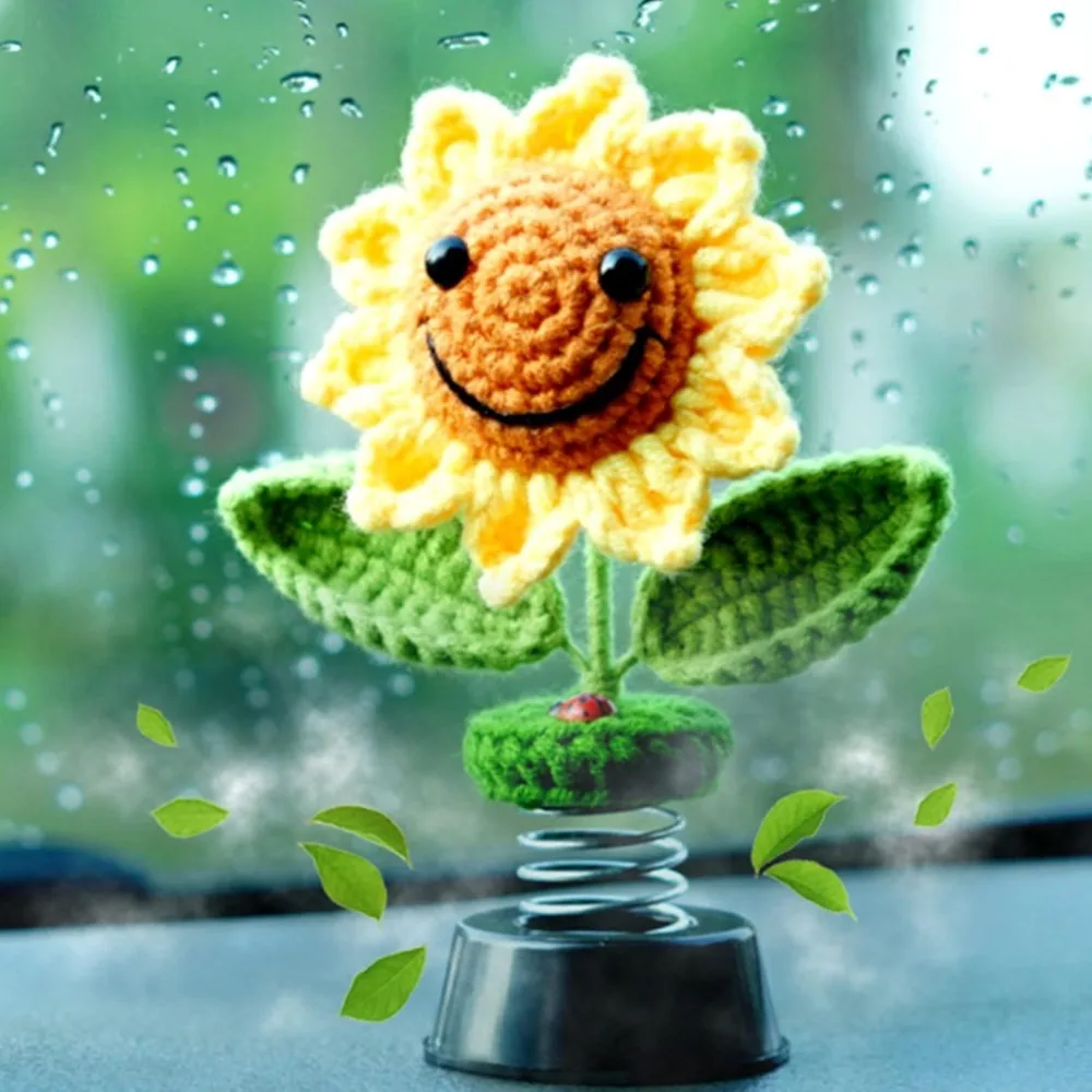 

Sunflower Car Accessories Dashboard Decorations, Crochet Smiley Shaking Sun Flowers Bobblehead Dashboard Car Decor for Women