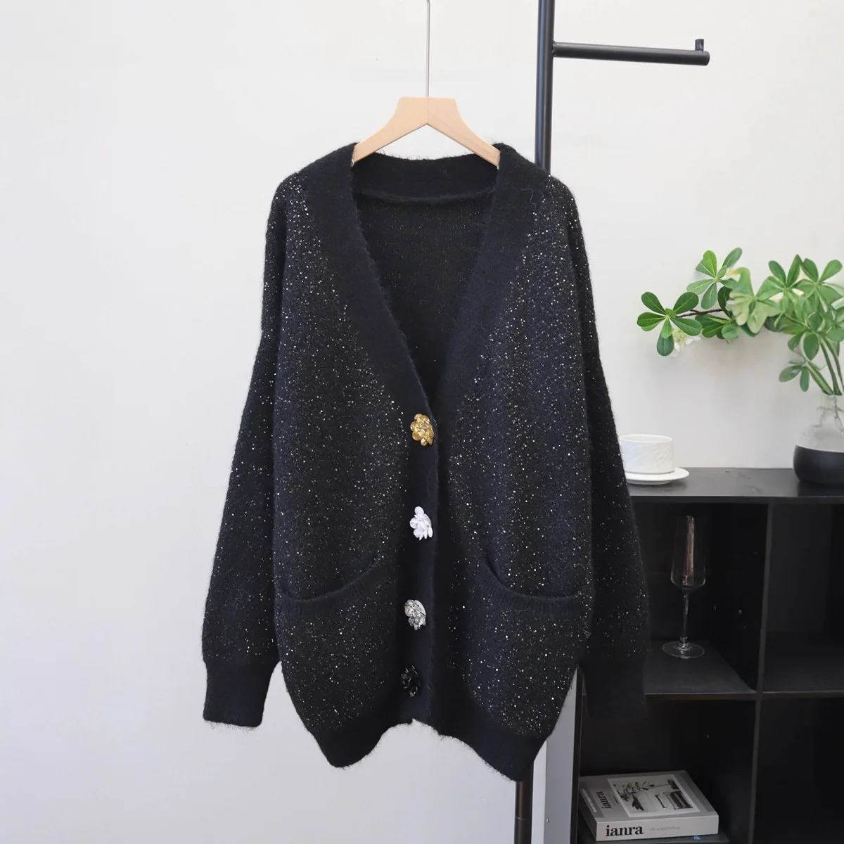 Mulheres de malha cardigan suéteres comprimento médio jumpers 3d floral lantejoulas bolso decote em v mangas compridas solto casual 2025 outono inverno