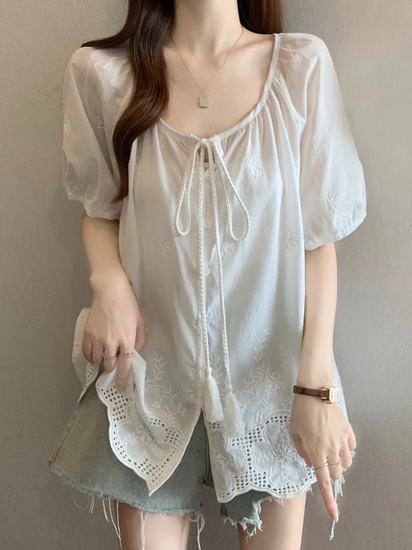 

Embroidered Hollow out Shoulder Short Sleeve Women's Shirt Spring Summer New Style plus Size Doll Top Korean Style Loose Fit