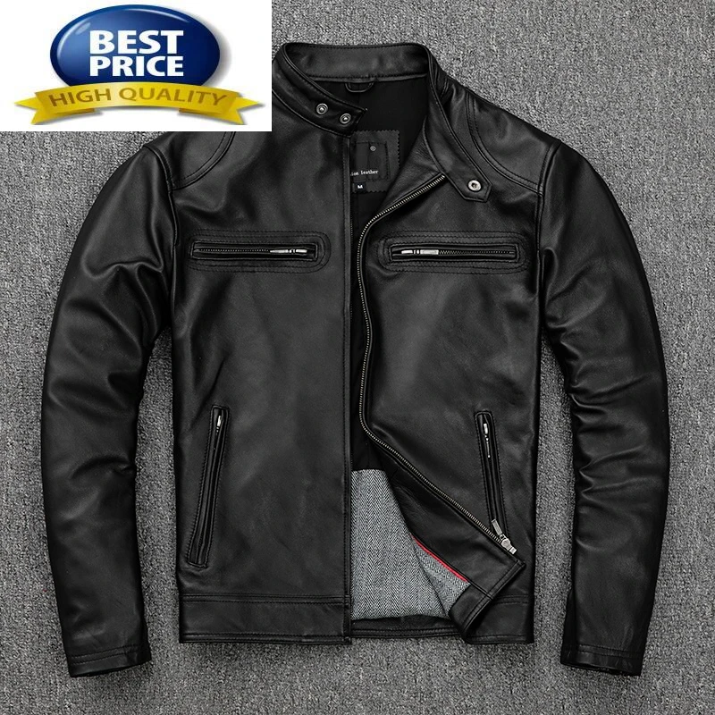 Genuine Leather Top Jacket Men Vintage Natural Cowskin Coat Spring Autumn Mens Leather Motorcycle Jackets Black Chaquetas Hombre