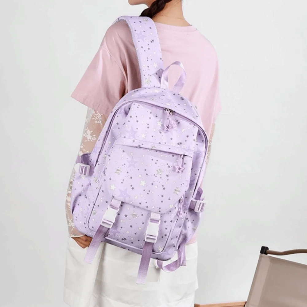 Cute Star Print School Backpack Adjustable Large Capacity Girls Schoolbag Breathable Splash-Resistant Laptop Shoulders Bag