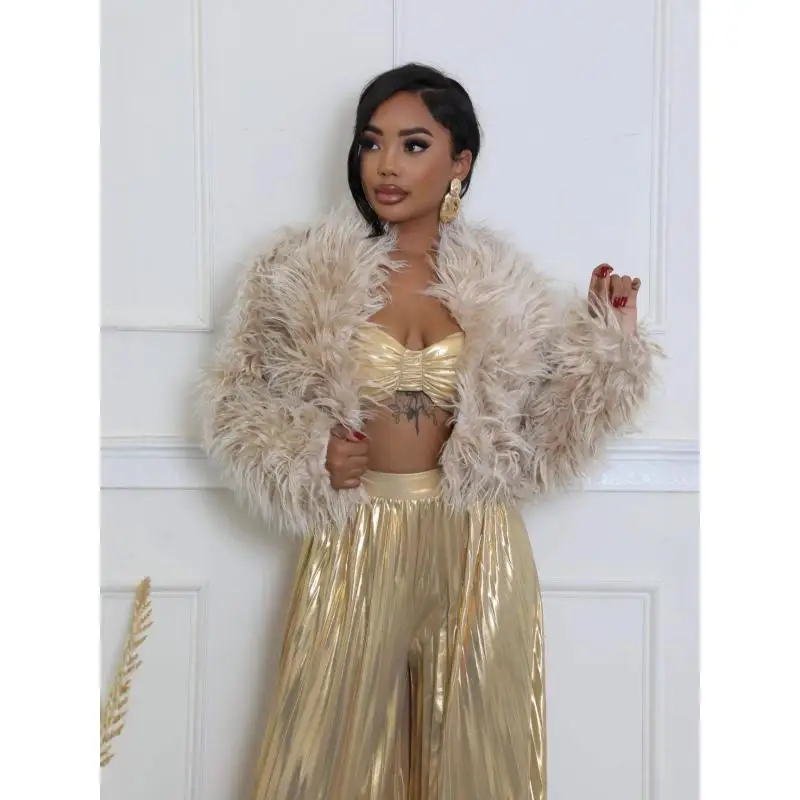 Womens Shaggy Faux Fur Cropped Coat Open Front Long Sleeve Short Jacket Fashion Party Nightclub Outerwear