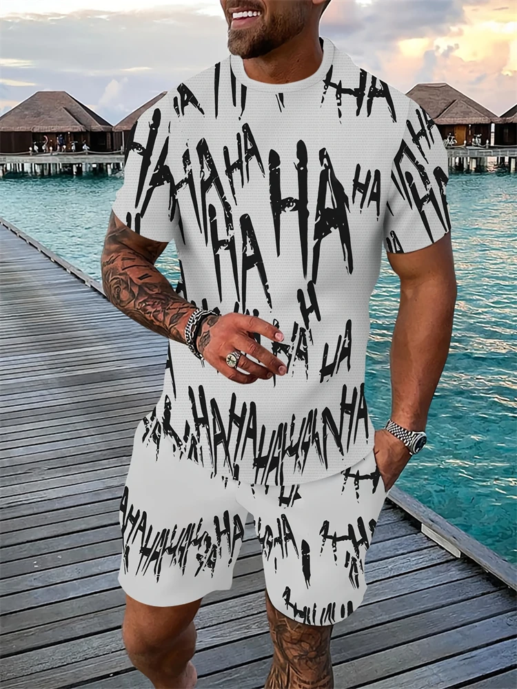 

Мужской повседневный спортивный костюм с забавным принтом, футболка с круглым вырезом и короткими рукавами и шорты, комплект из двух предметов, уличный модный комплект