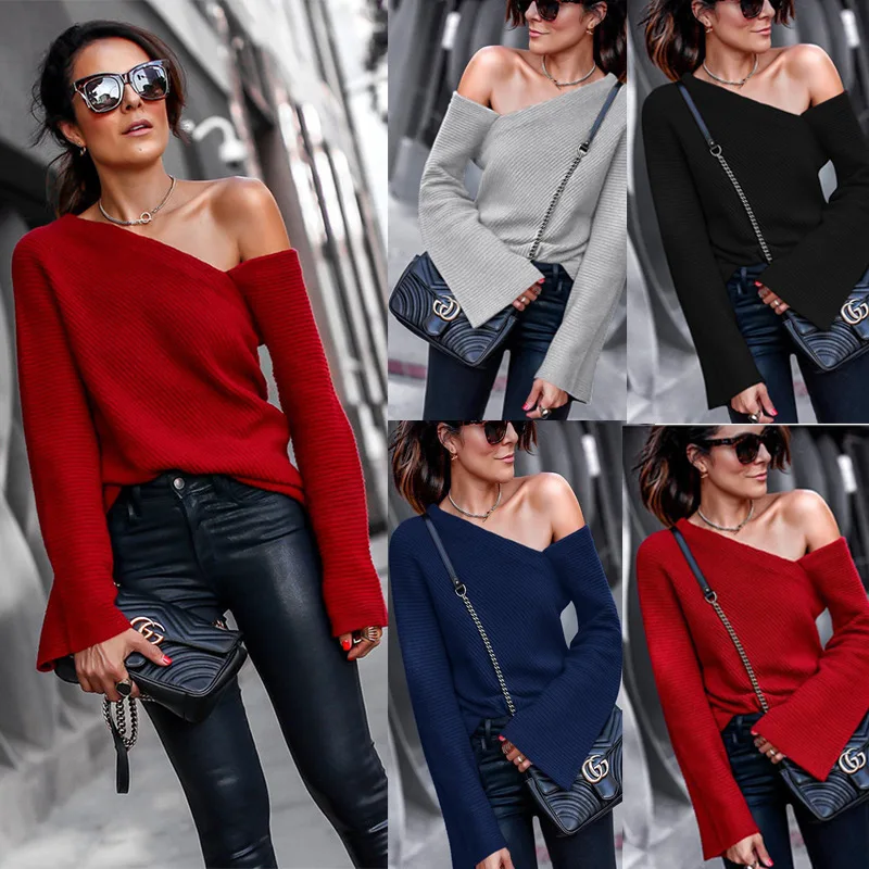 Hot Sale Winter Fashion Round Neck Long Sleeve Off Shoulder Women's Top Knitwear