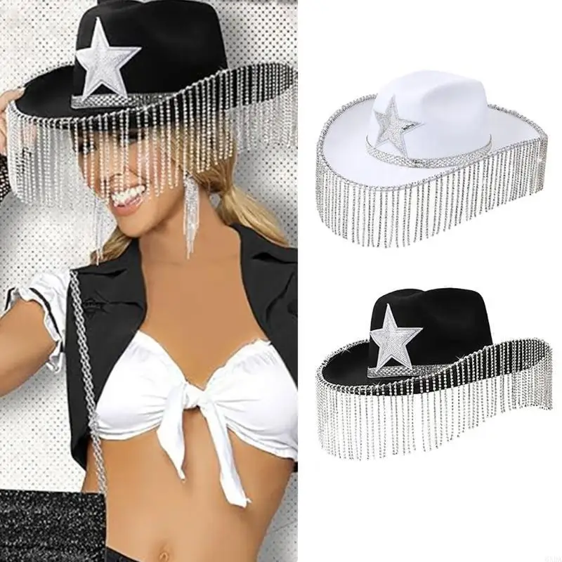 

Fashion Disco Party Diamond Fringes Cowgirl Hat Adult Masquerades Cowboy Hats 6XDA