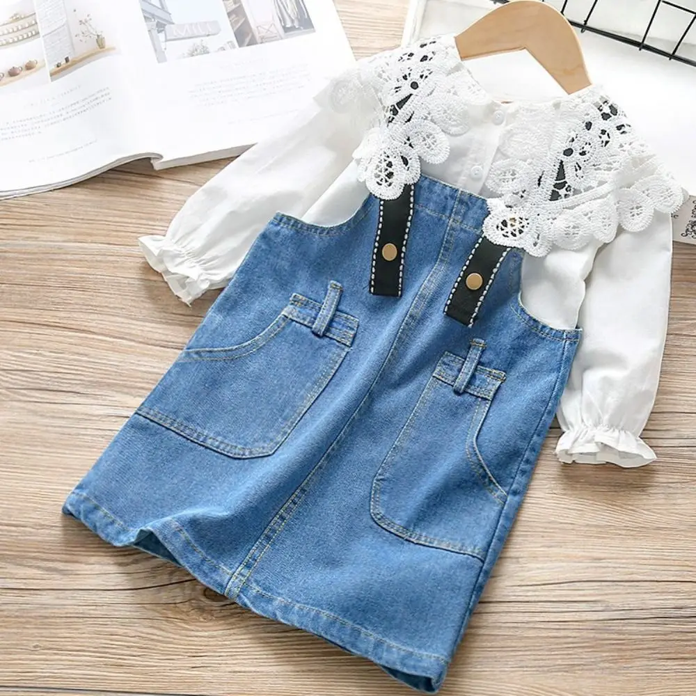 Lace Embroidery Long Sleeve Blouse Solid Color White Long Sleeved Lace Collar Shirt 1-6Y Size Hollow Out Collar