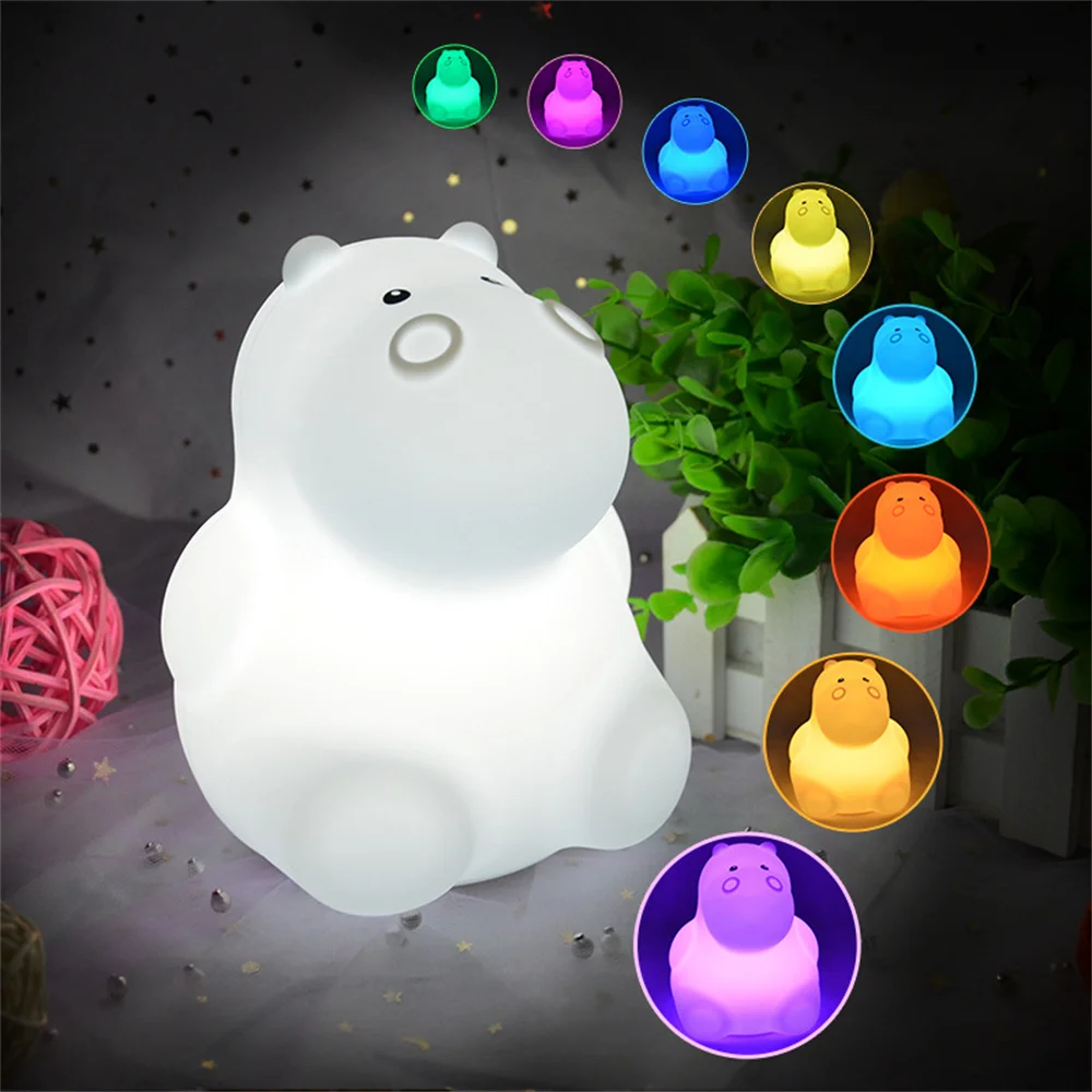 Imagem -02 - Mini Silicone Led Night Light para Crianças Lâmpada Animal Urso Hipopótamo Coruja Pinguim Coelho Cores Desenhos Animados Crianças Presente do Bebê