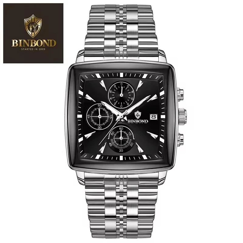 

BINBOND Square Men's Watch Light Luxury Business Multi functional Three eye Six pin Steel Waterproof Men's Fashion Quartz Watch