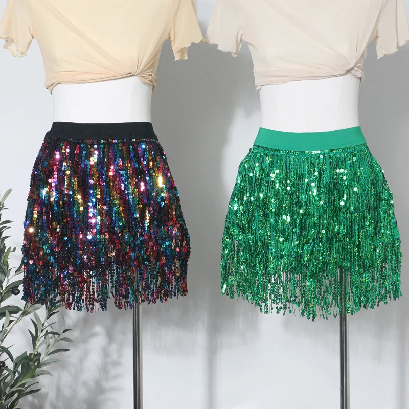 Blingbling Sexy Sequins Tassel A-line Short Skirt Spice Girls Elegant Elastic Waist Colorful Dance Performance Women Mini Skirts