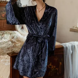 Loose Kimono Princess Bathrobe Set Blue Robe Suit Women Winter Warm Velvet Nightgown Sexy Chemise Sleepwear Lace Nightwear