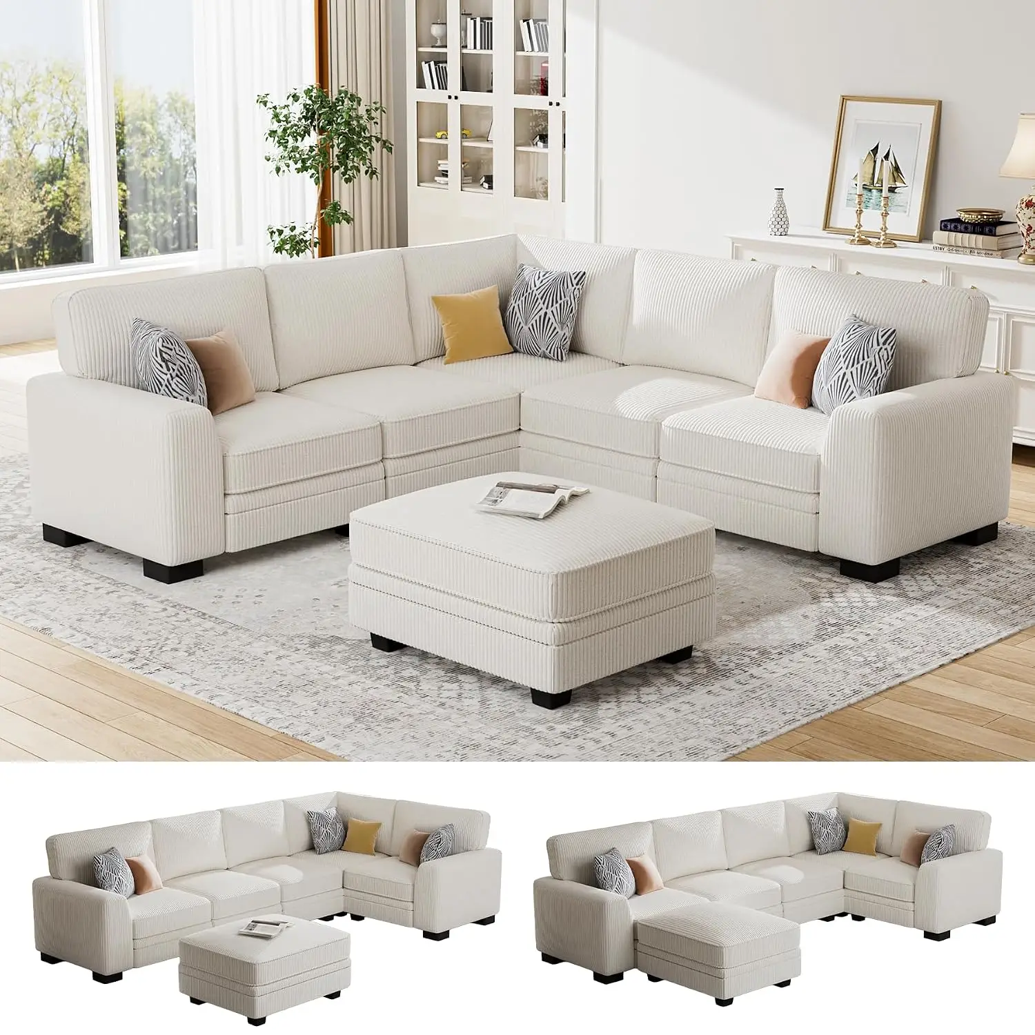 Oversized Modular Sectional Sofa U/L‑Shaped Reversible Corduroy Couch with Ottoman 6‑Seater Living Room, Customized