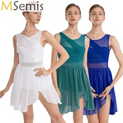 Womens Adult Sleeveless Cut Out Asymmetric Chiffon Stretchy Ballet Dance Gymnastics Leotard Dress Lyrical Performance Dancewear