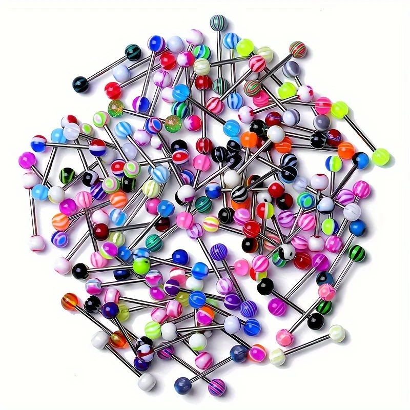 30pcs Colorful Acrylic Ball Tongue Ring Piercing Barbell Stud Nipple Ring Ear Cartilage Tragus Stainless Steel Bar For Women Men