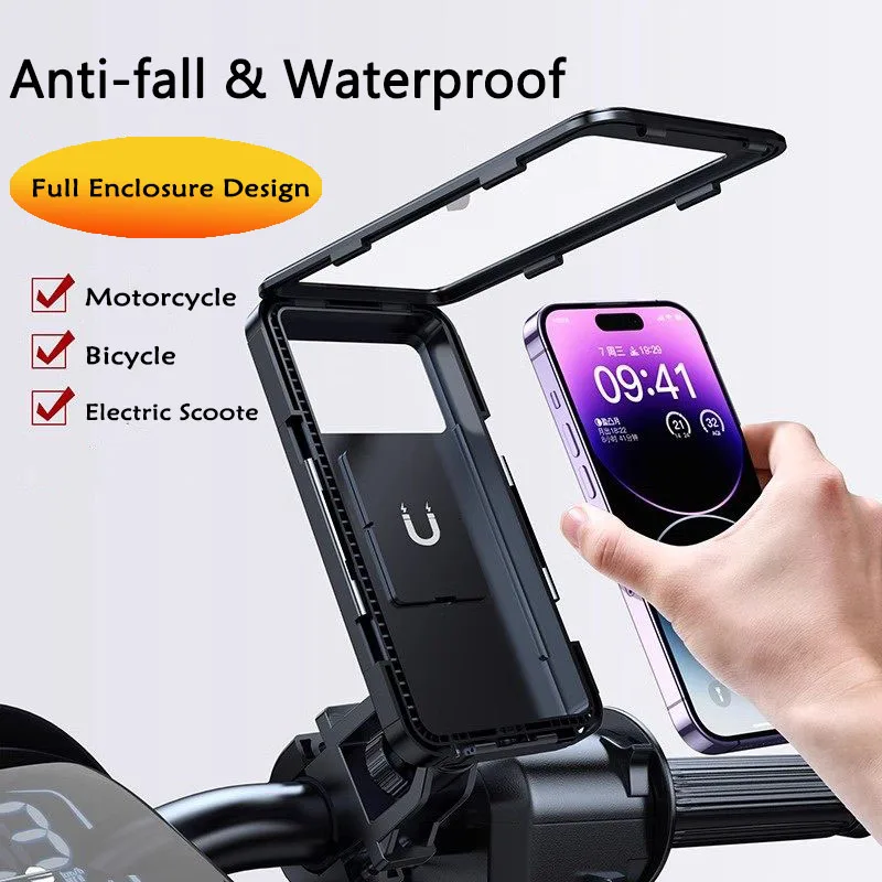 Waterproof Motorcycle Phone Mount, Full Enclosure Anti-fall Bike Holder for Scooter/Bicycle, Universal 4.7-6.8