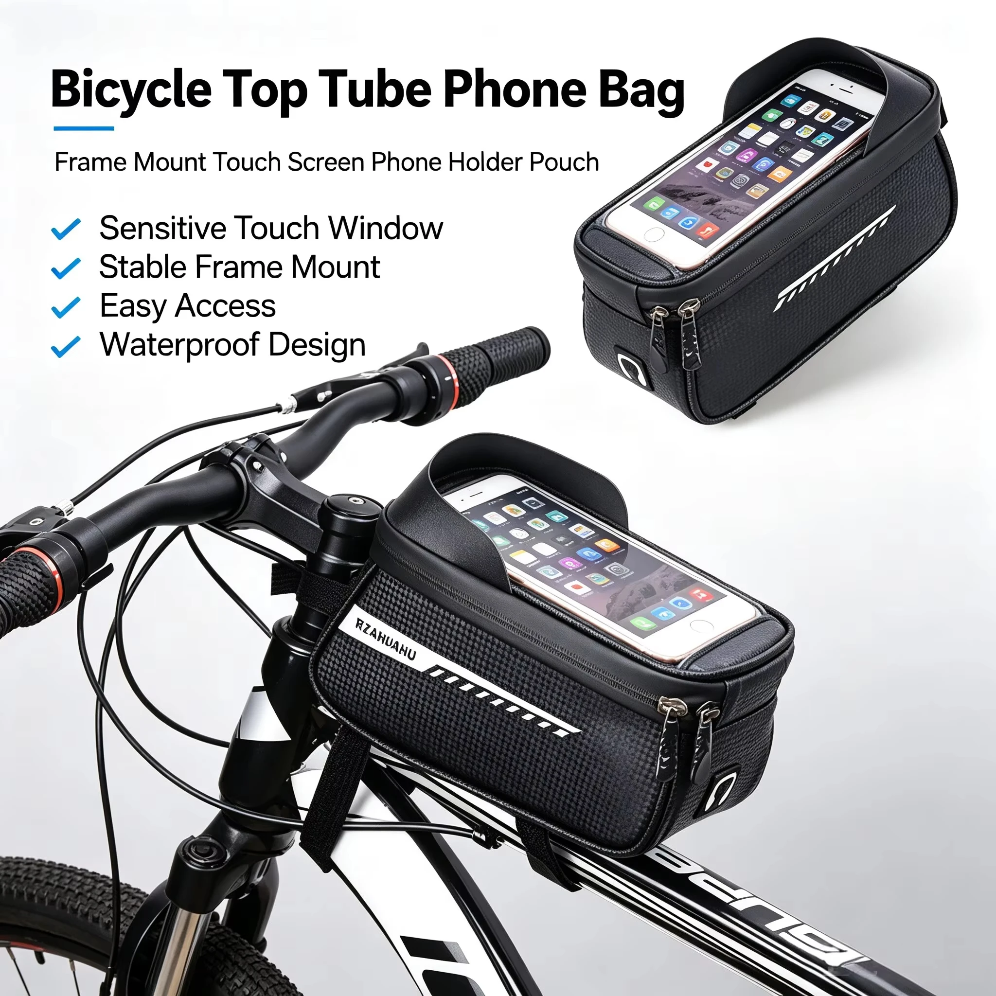 Youtube Phone Accessories - 防水仕様の自転車用トップチューブ携帯電話バッグ。タッチスクリーン対応の窓付き。フレームに取り付け可能。MTBやロードバイクのフロントに取り付けて使用できる収納ポーチ。サイクリング用アクセサリー。