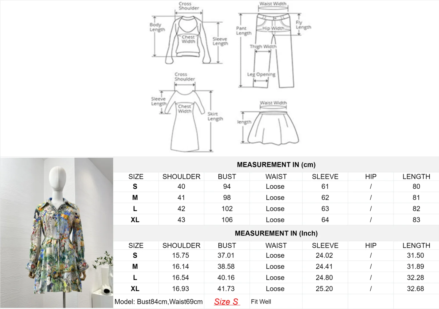 Hochwertiges seiden grünes Cartoon-Blumenmuster-Langarm-Mini kleid mit umgedrehtem Kragen