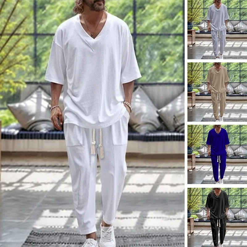 Autumn Casual Solid Color V-neck Pullover Short-sleeved Drawstring Pocket Design Foot Trousers Set for Men