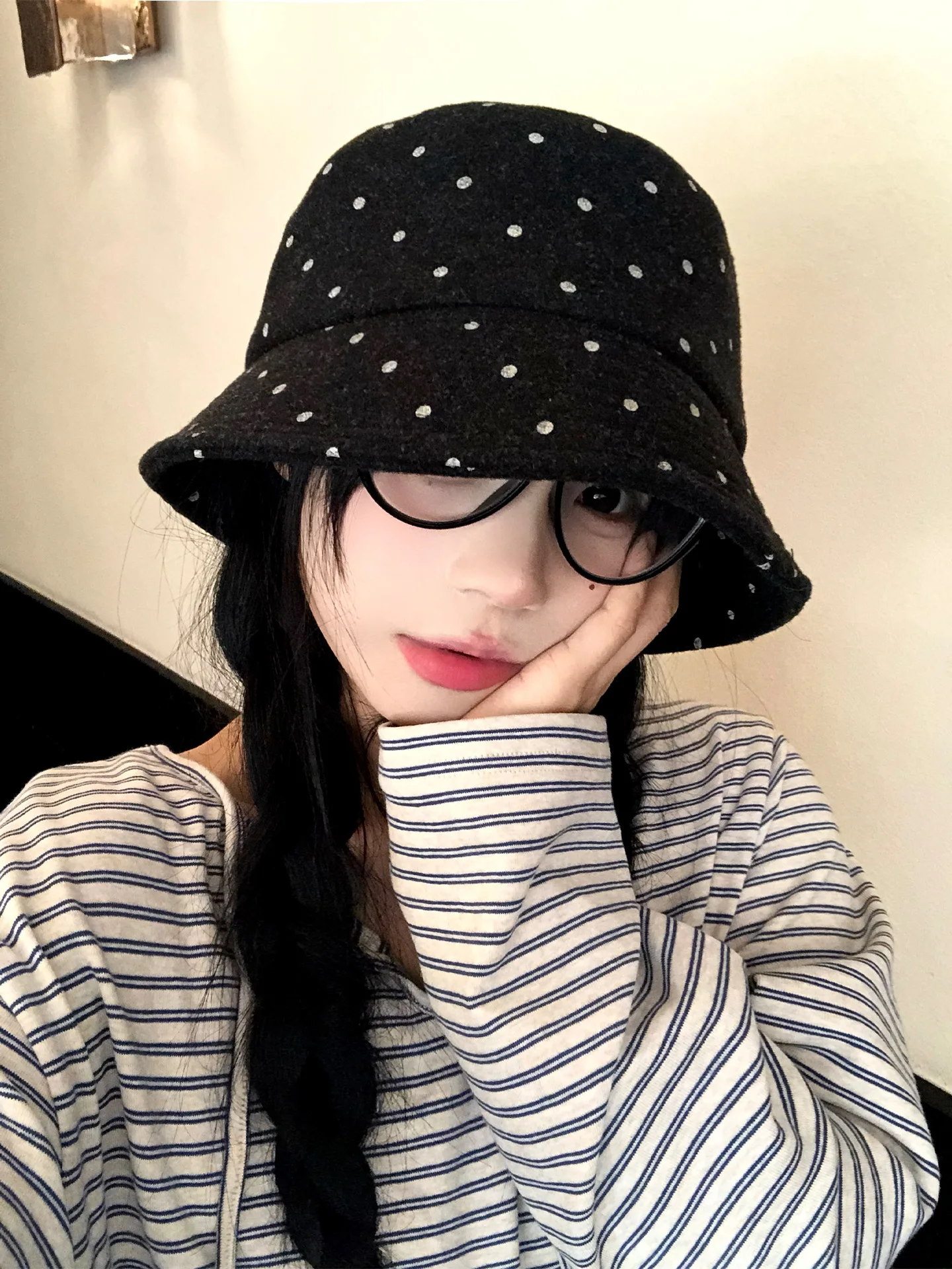 Retro Polka Dot Bucket Hat Women's Large Head Circumference Face Slimming Bucket Hat Versatile Natural Face Water Bucket Hat