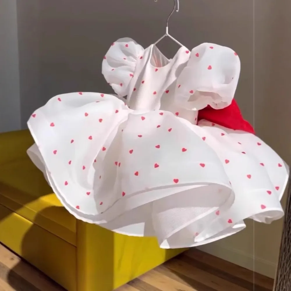 

New Arrival Toddler Floral Print Sundress, Ruffle Bubble Sleeve Design, Lovely Heart Pattern Mesh Party Outfit for 80-140cm