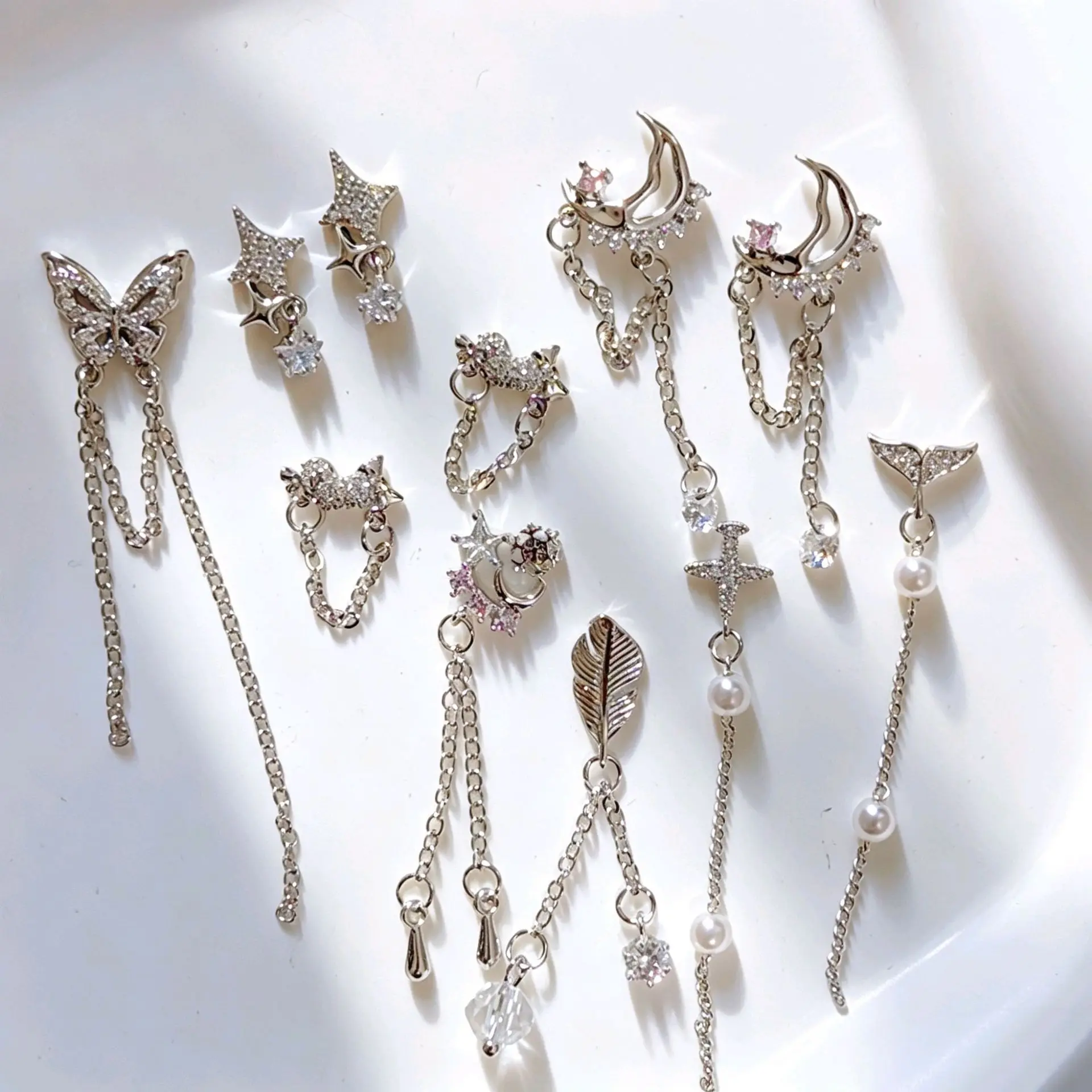 10pcs Butterfly Star Moon Snowflake Chain Nail Art Part Figures Zircon Crystal Manicure Supplies Decorations Charms for Nail Art