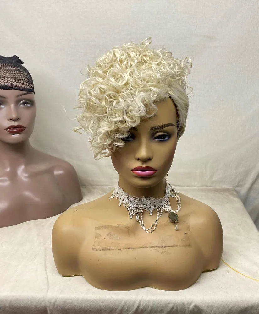 Women's Short Curly Wave Blonde Wigs with Bangs Synthetic Dress Party Full Wigs