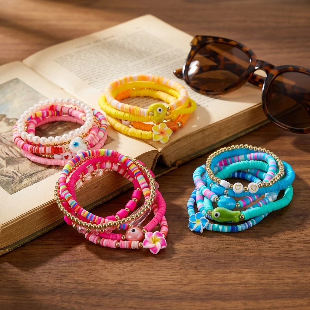 

Multilayer Polymer Clay Beaded Bracelets for Women Stack Y2K Dopamine Heishi Bead Stretch Bangles Trendy Summer Jewelry Gift