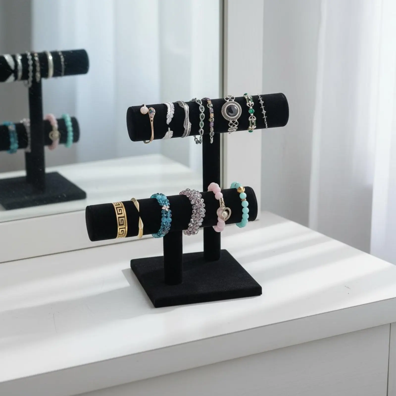 Velvet Bracelet Display Stand Black Finish Double Tier Jewelry Holder Watch and Bracelet Display Rack Space Saving for Boutique