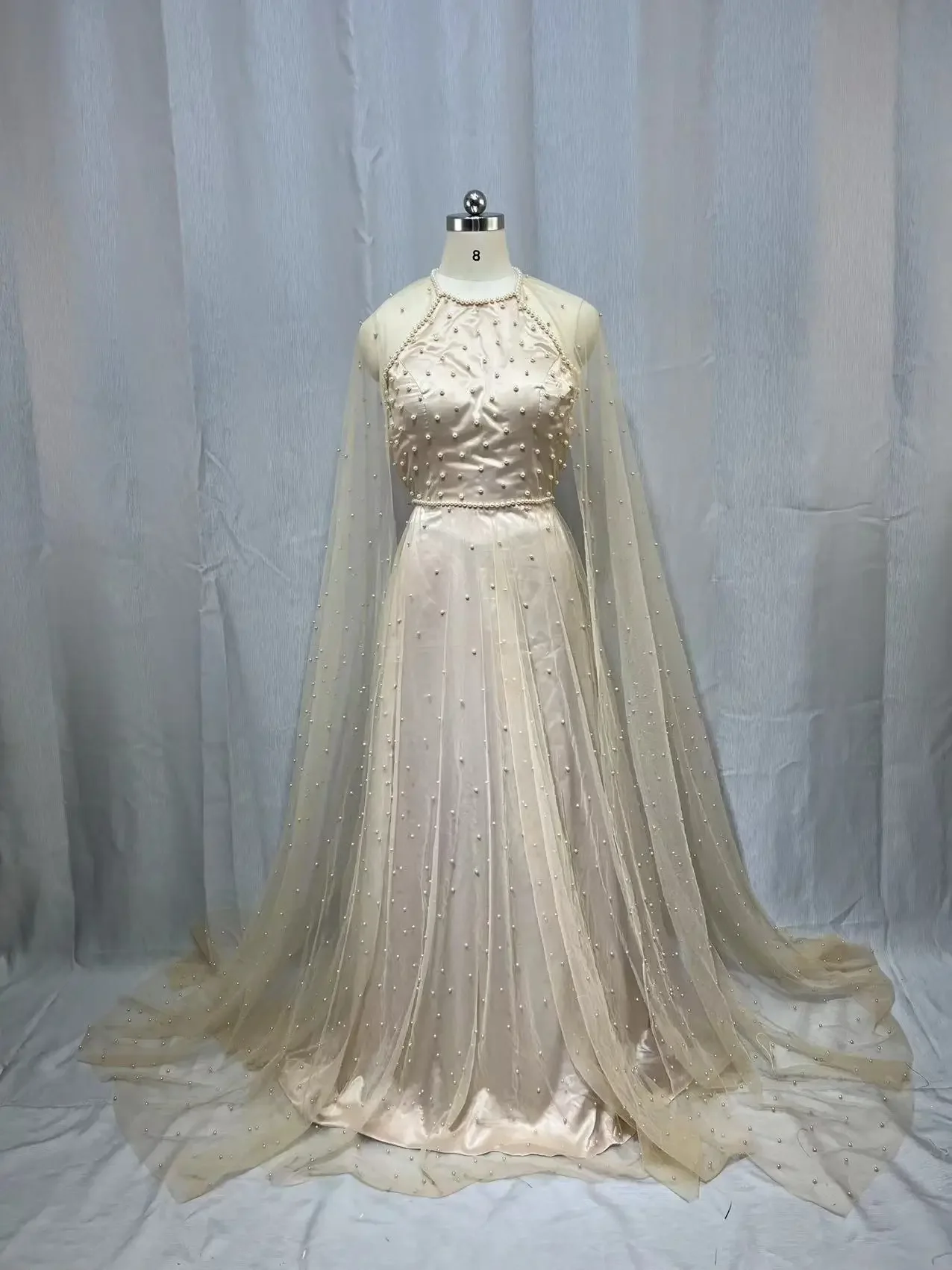 

A-line Plus Size Prom Dresses 2022 Champagne Heavy Pearls Women Custom Made Formal Evening Gowns robes de soirée
