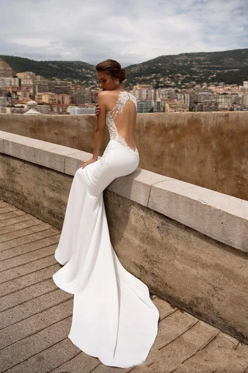 Robe de mariée sirène sexy à dos ouvert pour femmes, col en V, dentelle appliquée, dos nu, patients de plage, quel que soit le modèle